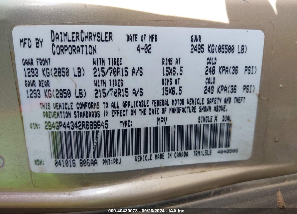 2002 DODGE GRAND CARAVAN SPORT VIN: 2B4GP44342R688645