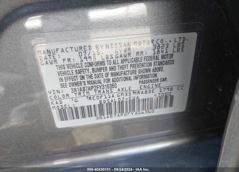 2015 NISSAN SENTRA SV VIN: 3N1AB7AP2FY316360