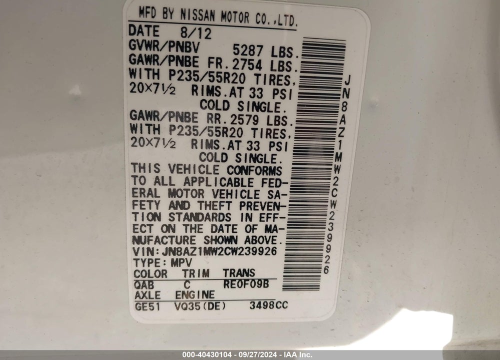 2012 NISSAN MURANO LE VIN: JN8AZ1MW2CW239926