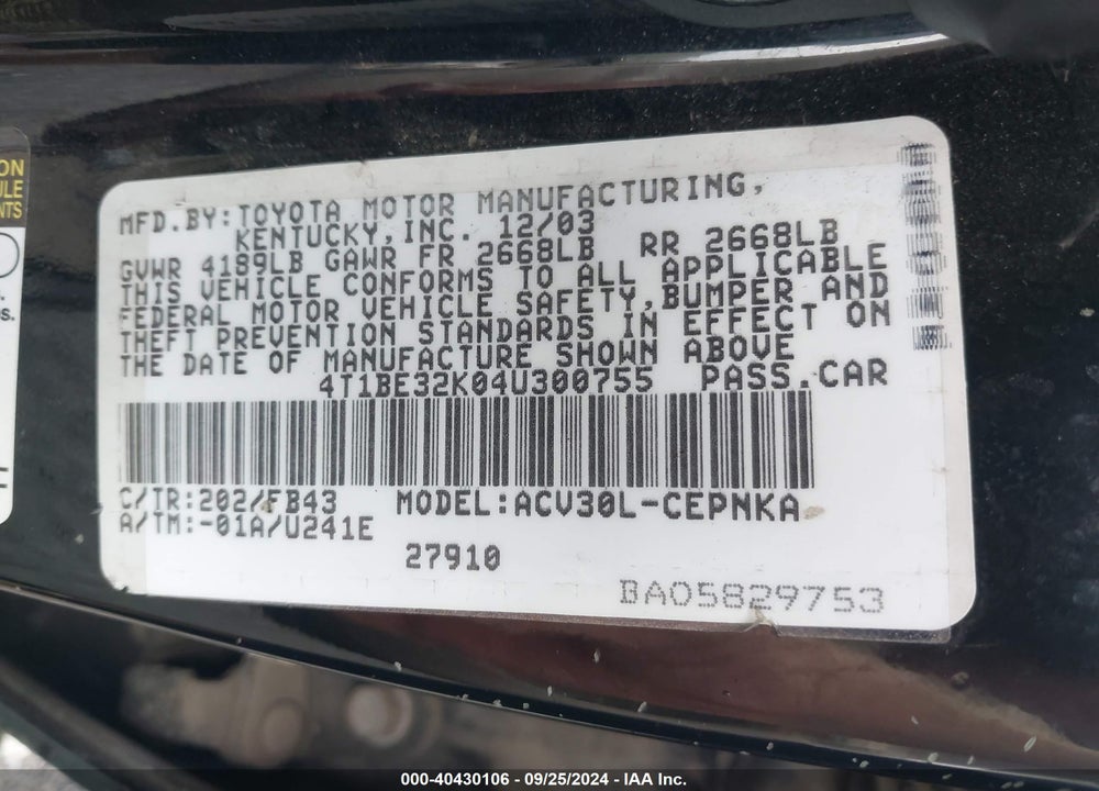 2004 TOYOTA CAMRY LE VIN: 4T1BE32K04U300755
