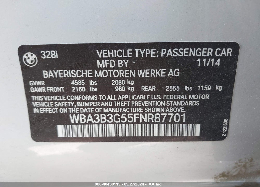 2015 BMW 328I XDRIVE VIN: WBA3B3G55FNR87701