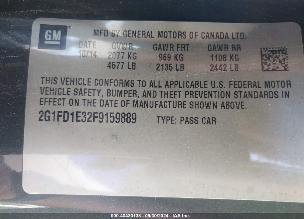 2015 CHEVROLET CAMARO VIN: 2G1FD1E32F9159889