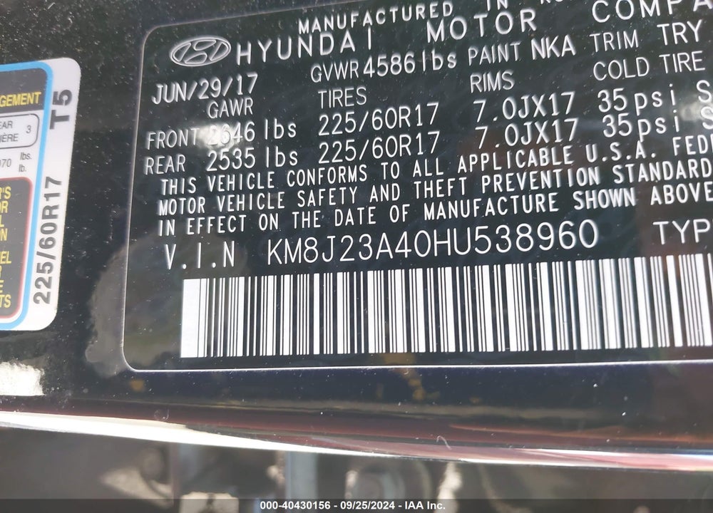2017 HYUNDAI TUCSON SE VIN: KM8J23A40HU538960