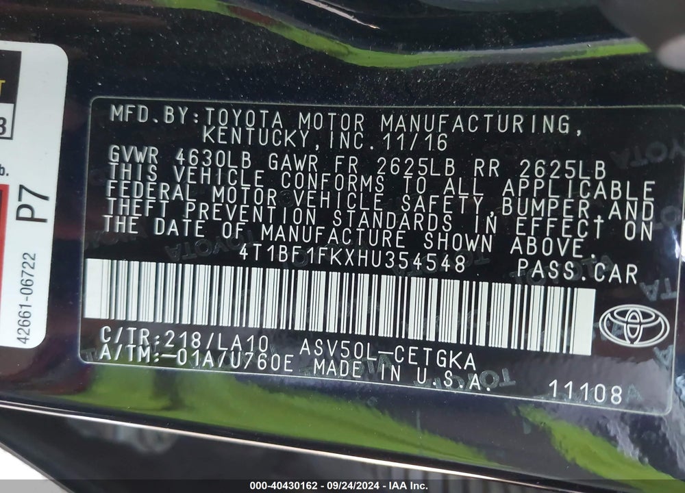 2017 TOYOTA CAMRY XLE VIN: 4T1BF1FKXHU354548