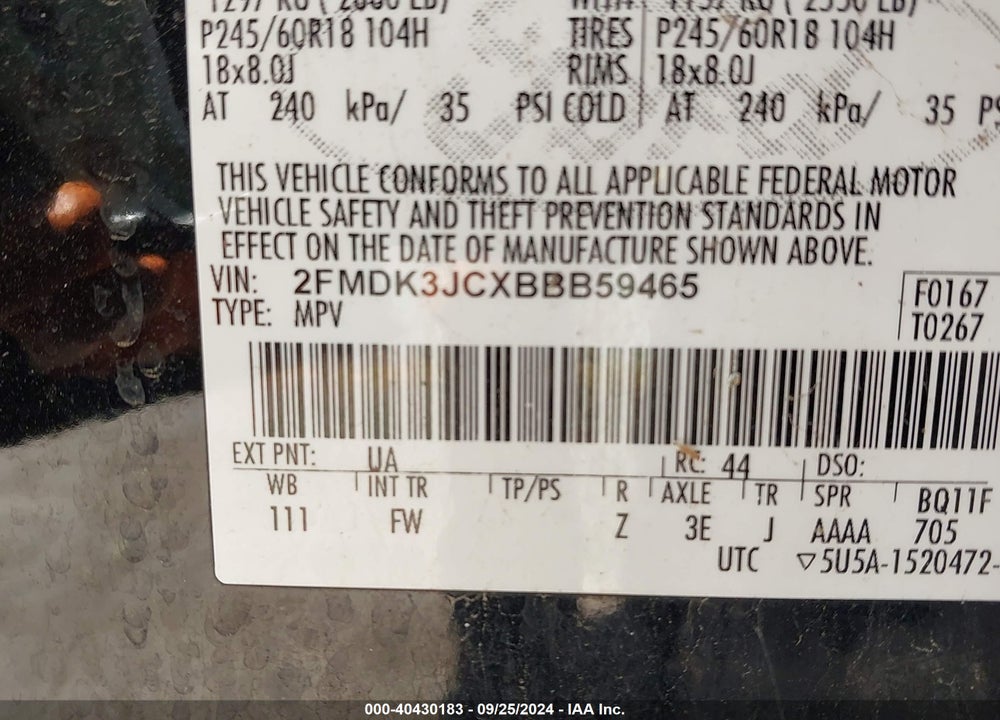 2011 FORD EDGE SEL VIN: 2FMDK3JCXBBB59465
