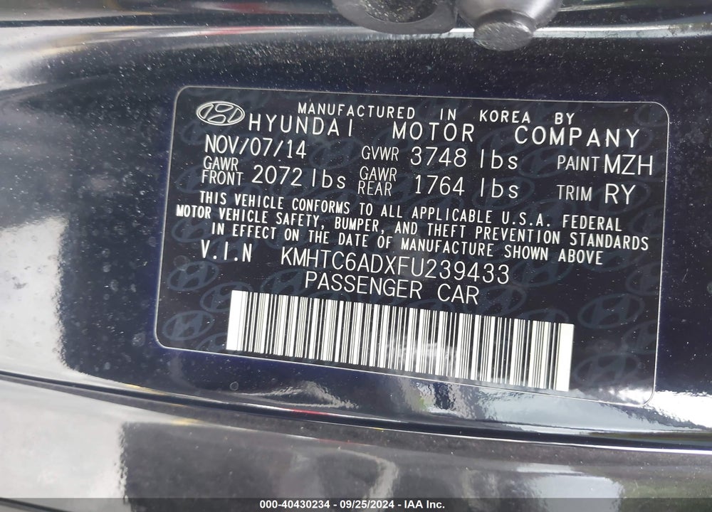 2015 HYUNDAI VELOSTER VIN: KMHTC6ADXFU239433