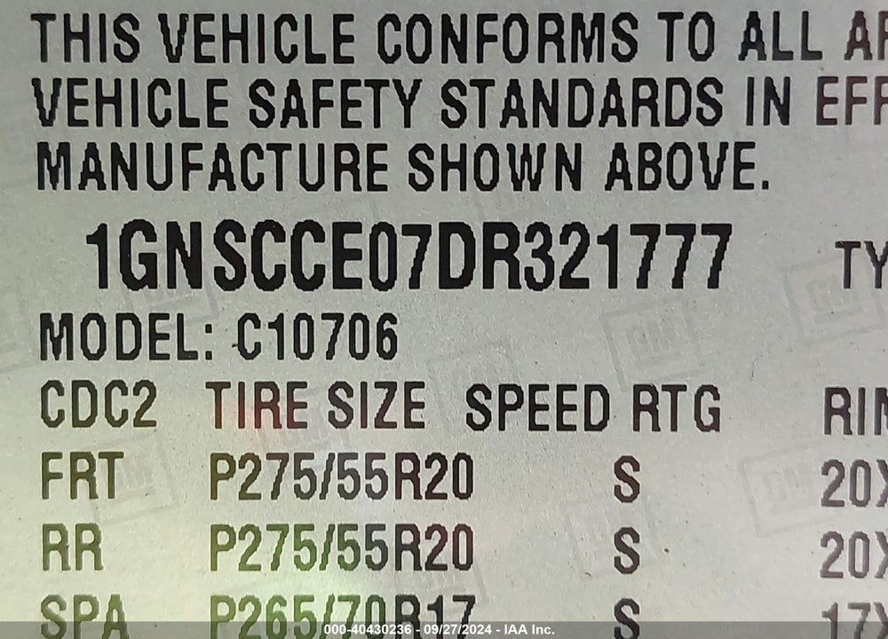 2013 CHEVROLET TAHOE LTZ VIN: 1GNSCCE07DR321777