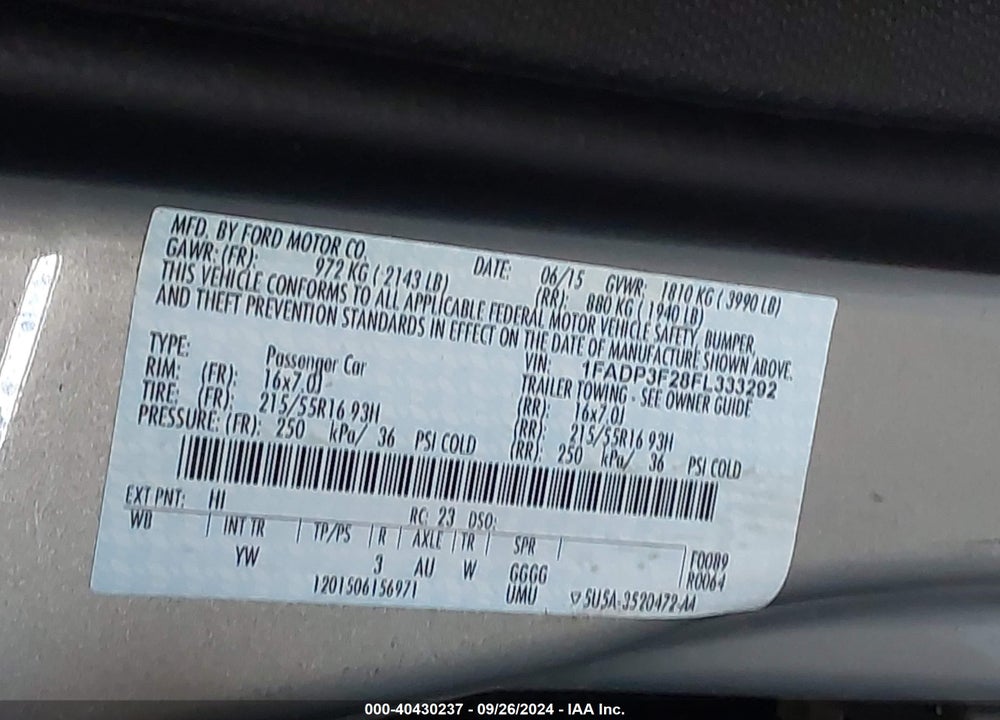 2015 FORD FOCUS SE VIN: 1FADP3F28FL333292