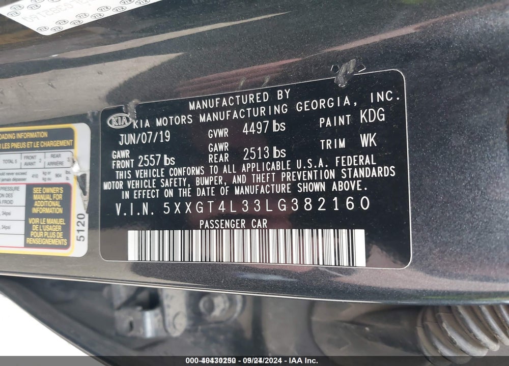 2020 KIA OPTIMA LX VIN: 5XXGT4L33LG382160