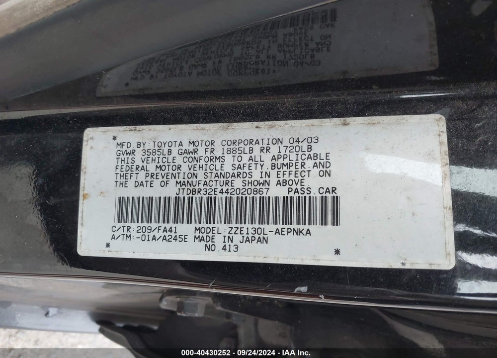 2004 TOYOTA COROLLA LE VIN: JTDBR32E442020867