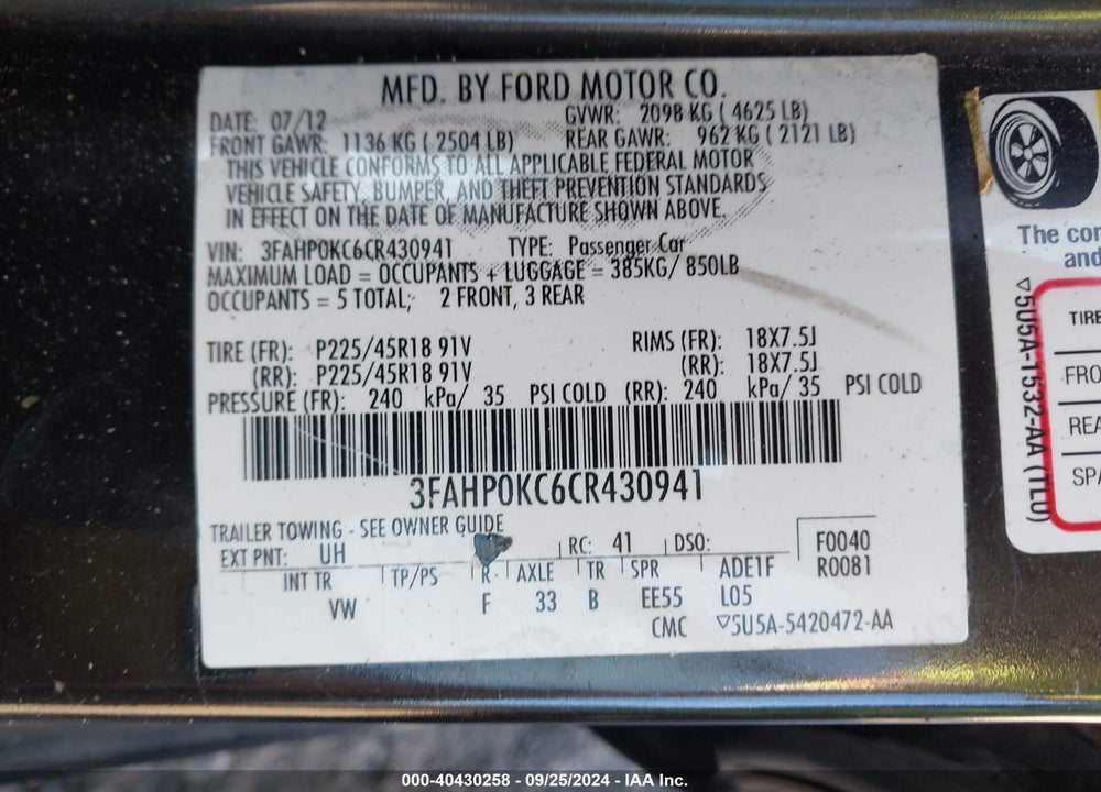 2012 FORD FUSION SPORT VIN: 3FAHP0KC6CR430941