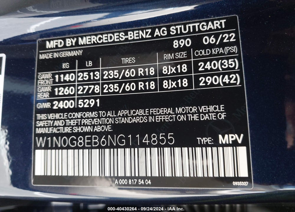 2022 MERCEDES-BENZ GLC 300 4MATIC SUV VIN: W1N0G8EB6NG114855