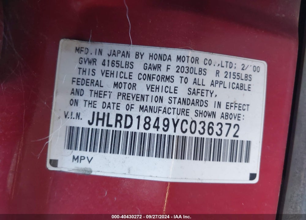 2000 HONDA CR-V LX VIN: JHLRD1849YC036372