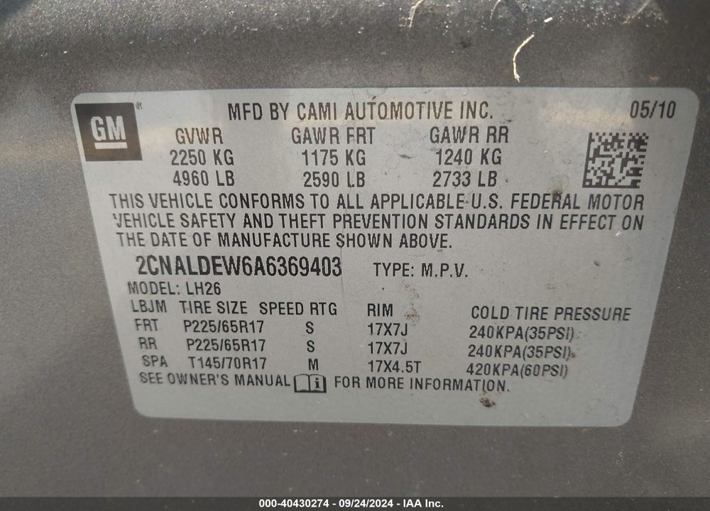 2010 CHEVROLET EQUINOX LT VIN: 2CNALDEW6A6369403