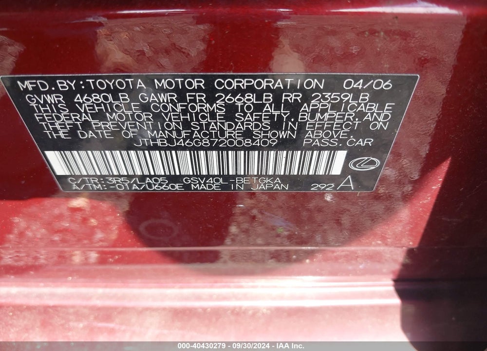 2007 LEXUS ES 350 VIN: JTHBJ46G872008409