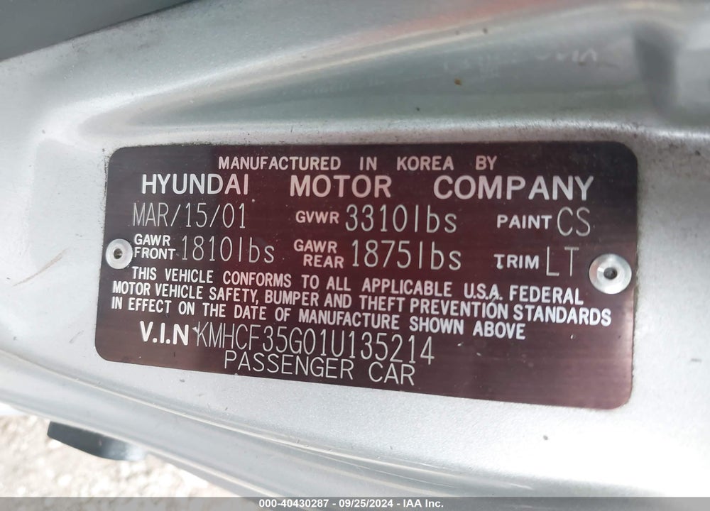 2001 HYUNDAI ACCENT L VIN: KMHCF35G01U135214