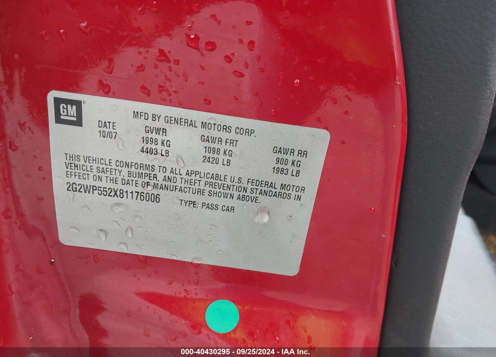 2008 PONTIAC GRAND PRIX VIN: 2G2WP552X81176006