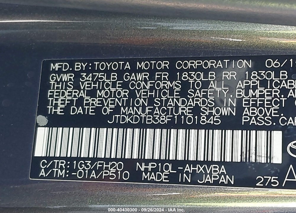 2015 TOYOTA PRIUS C ONE VIN: JTDKDTB38F1101845