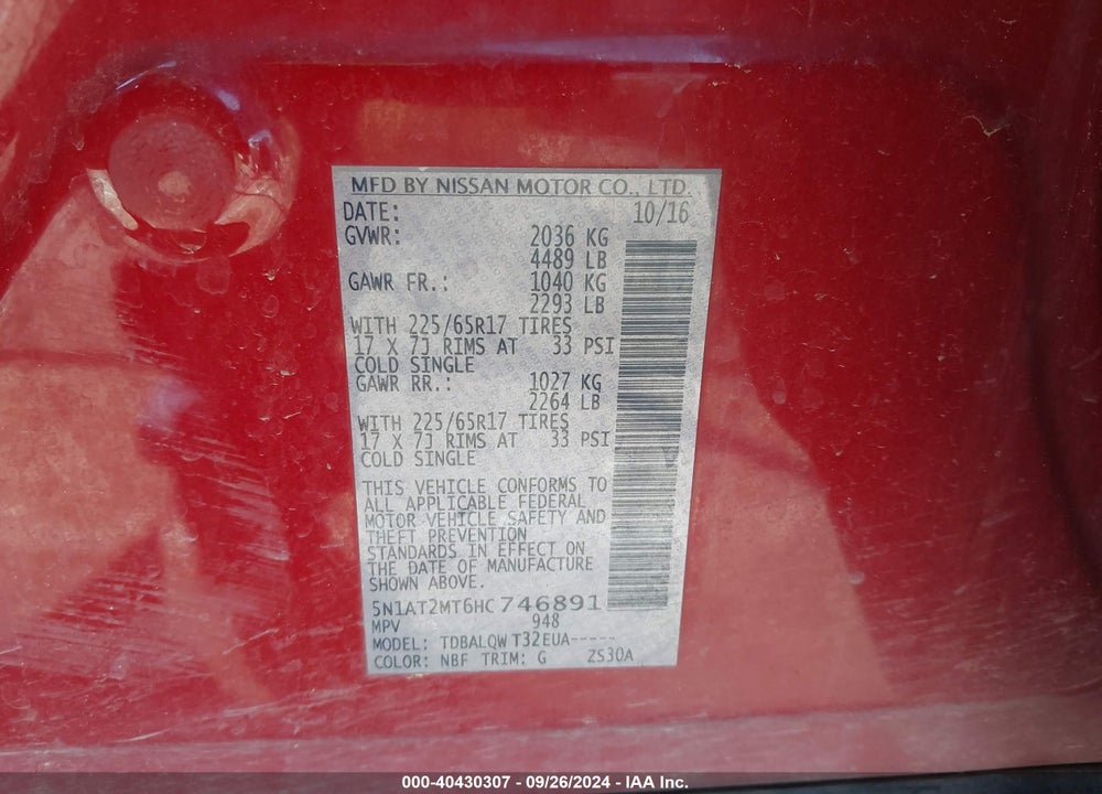 2017 NISSAN ROGUE SV VIN: 5N1AT2MT6HC746891