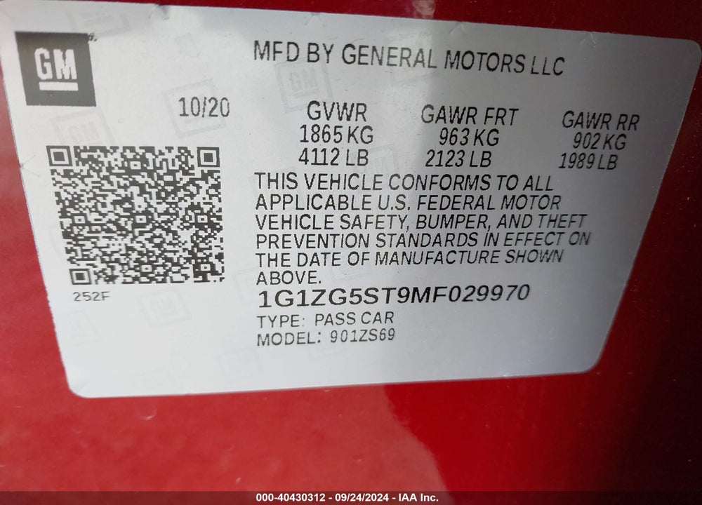 2021 CHEVROLET MALIBU FWD RS VIN: 1G1ZG5ST9MF029970