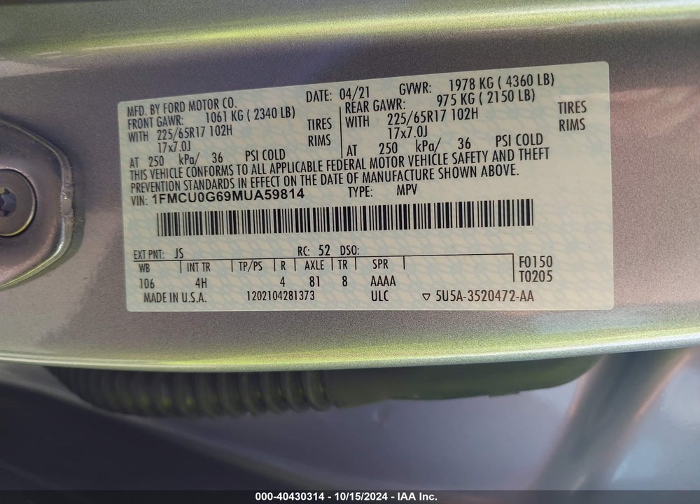 2021 FORD ESCAPE SE VIN: 1FMCU0G69MUA59814