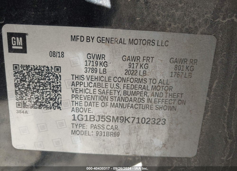 2019 CHEVROLET CRUZE CVT (FLEET ORDERS ONLY) VIN: 1G1BJ5SM9K7102323