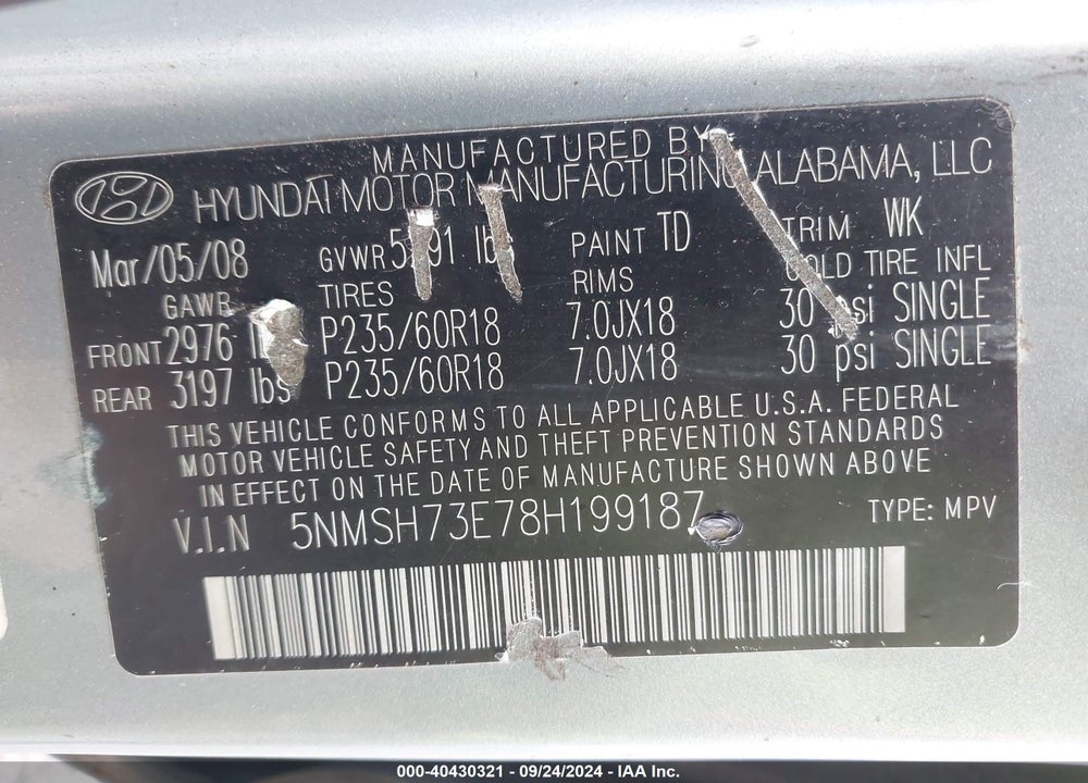 2008 HYUNDAI SANTA FE LIMITED/SE VIN: 5NMSH73E78H199187