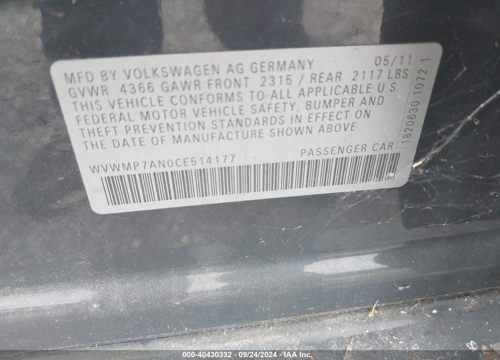 2012 VOLKSWAGEN CC SPORT VIN: WVWMP7AN0CE514177