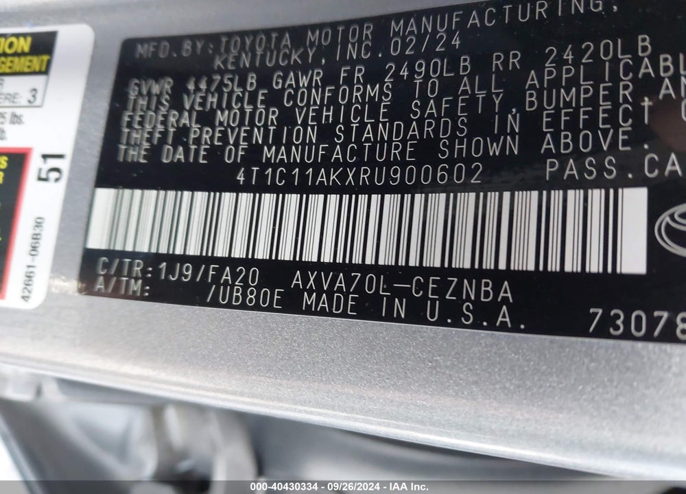 2024 TOYOTA CAMRY LE VIN: 4T1C11AKXRU900602