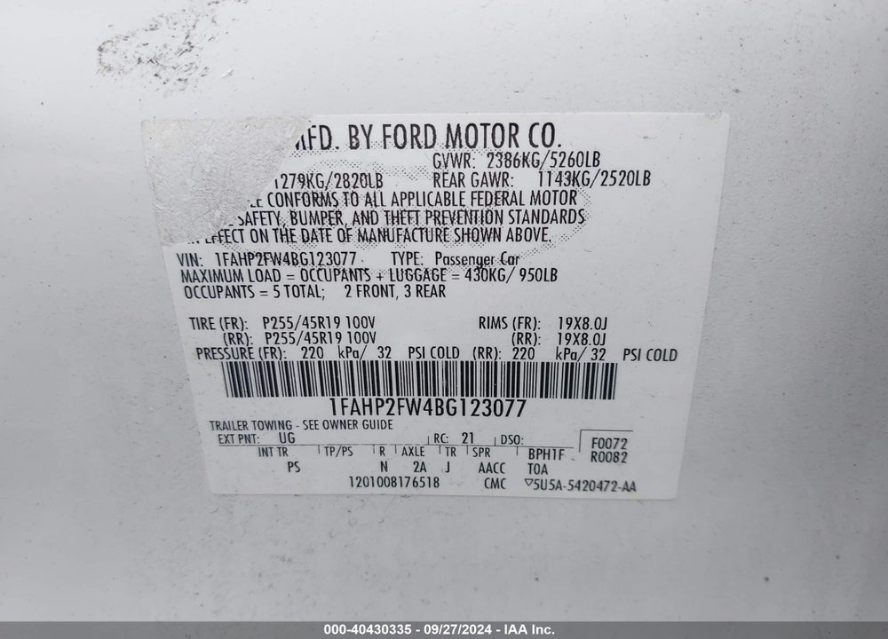 2011 FORD TAURUS LIMITED VIN: 1FAHP2FW4BG123077