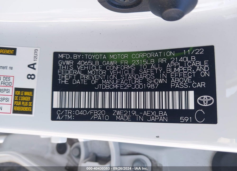 2023 TOYOTA COROLLA HYBRID LE VIN: JTDBCMFE2PJ001987