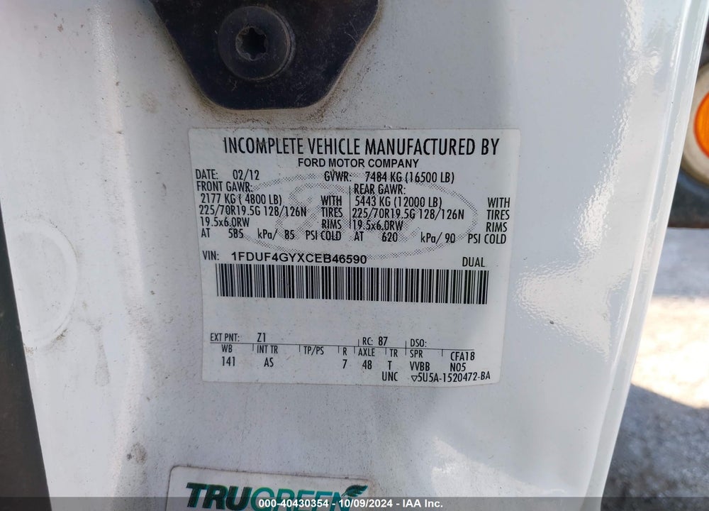2012 FORD F-450 CHASSIS XL VIN: 1FDUF4GYXCEB46590