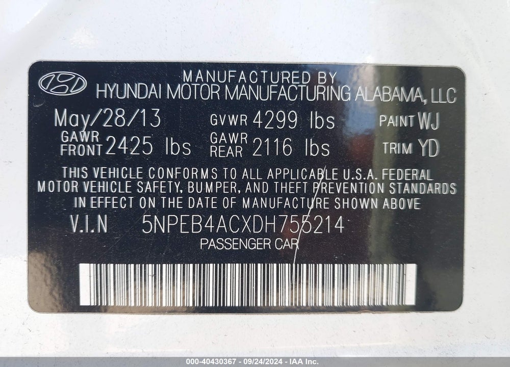 2013 HYUNDAI SONATA GLS VIN: 5NPEB4ACXDH755214