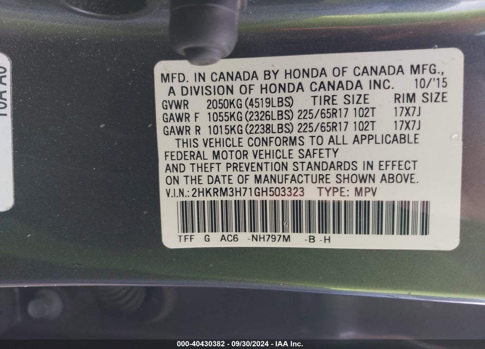 2016 HONDA CR-V EX-L VIN: 2HKRM3H71GH503323