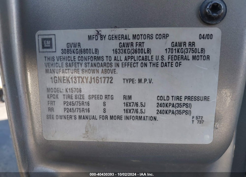 2000 CHEVROLET TAHOE ALL NEW LS VIN: 1GNEK13TXYJ161772