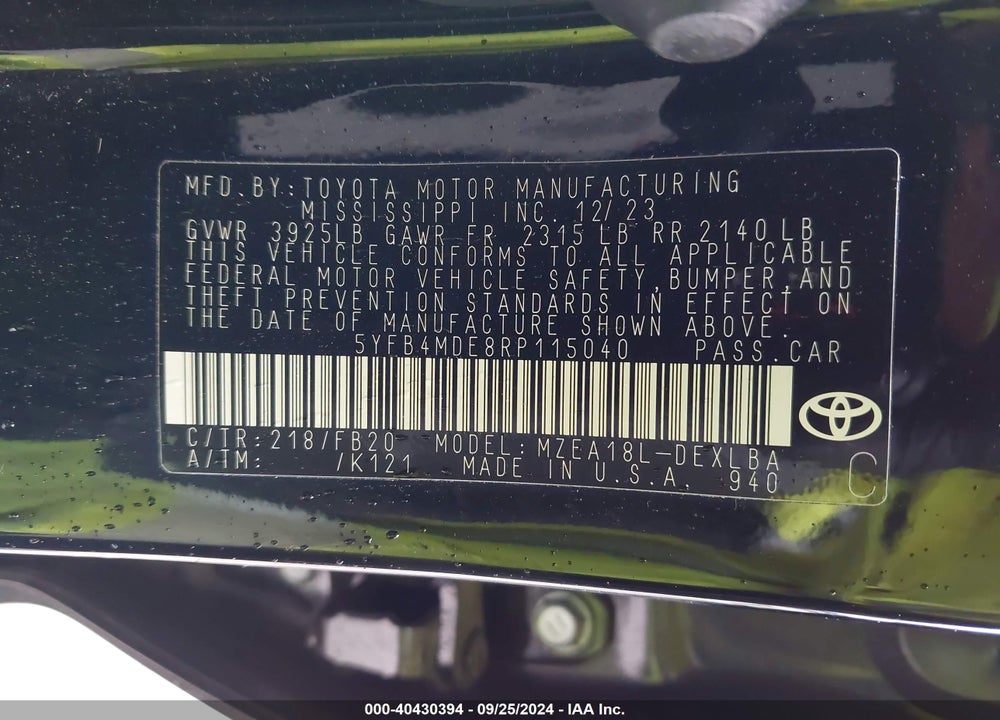 2024 TOYOTA COROLLA VIN: 5YFB4MDE8RP115040