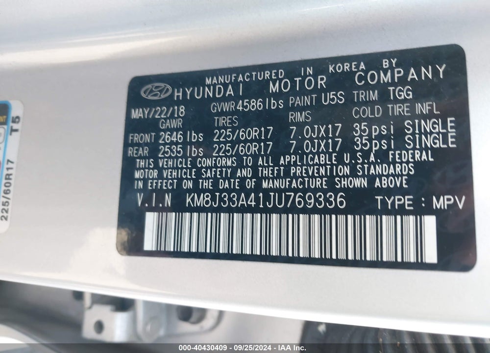 2018 HYUNDAI TUCSON SEL VIN: KM8J33A41JU769336