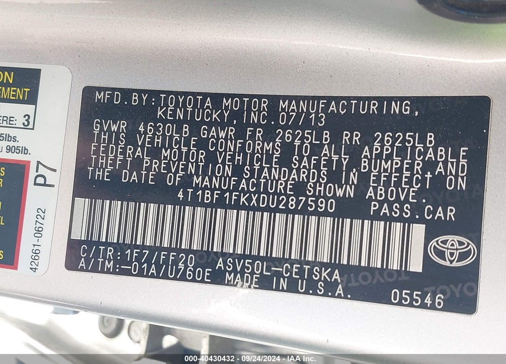 2013 TOYOTA CAMRY SE VIN: 4T1BF1FKXDU287590