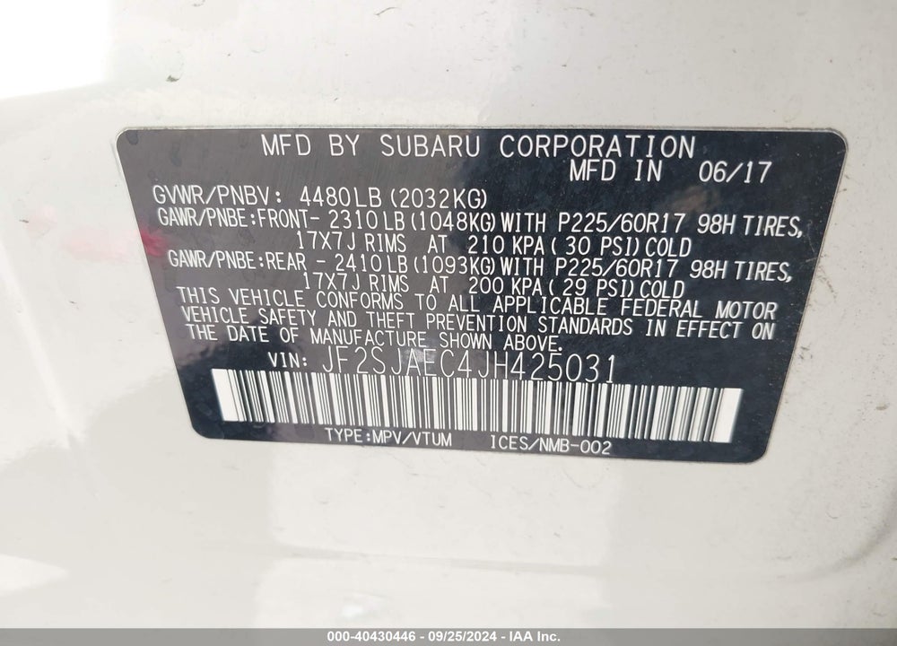2018 SUBARU FORESTER 2.5I PREMIUM VIN: JF2SJAEC4JH425031