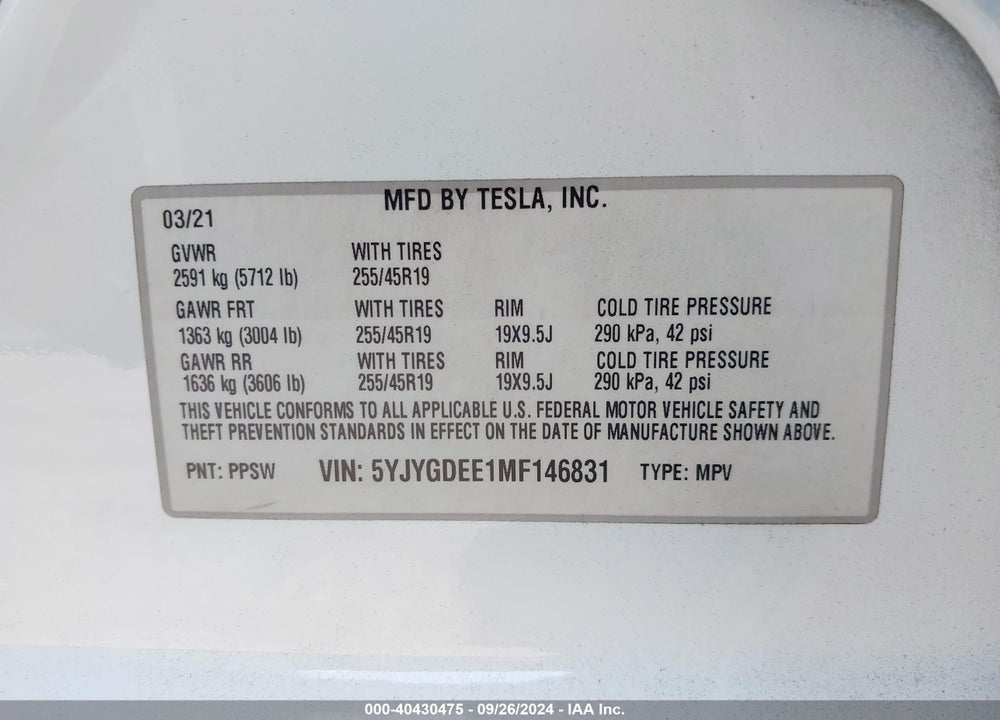 2021 TESLA MODEL Y LONG RANGE DUAL MOTOR ALL-WHEEL DRIVE VIN: 5YJYGDEE1MF146831