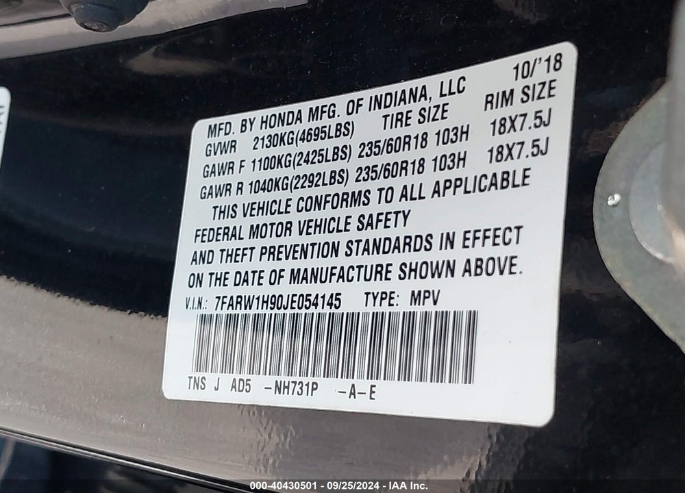2018 HONDA CR-V TOURING VIN: 7FARW1H90JE054145