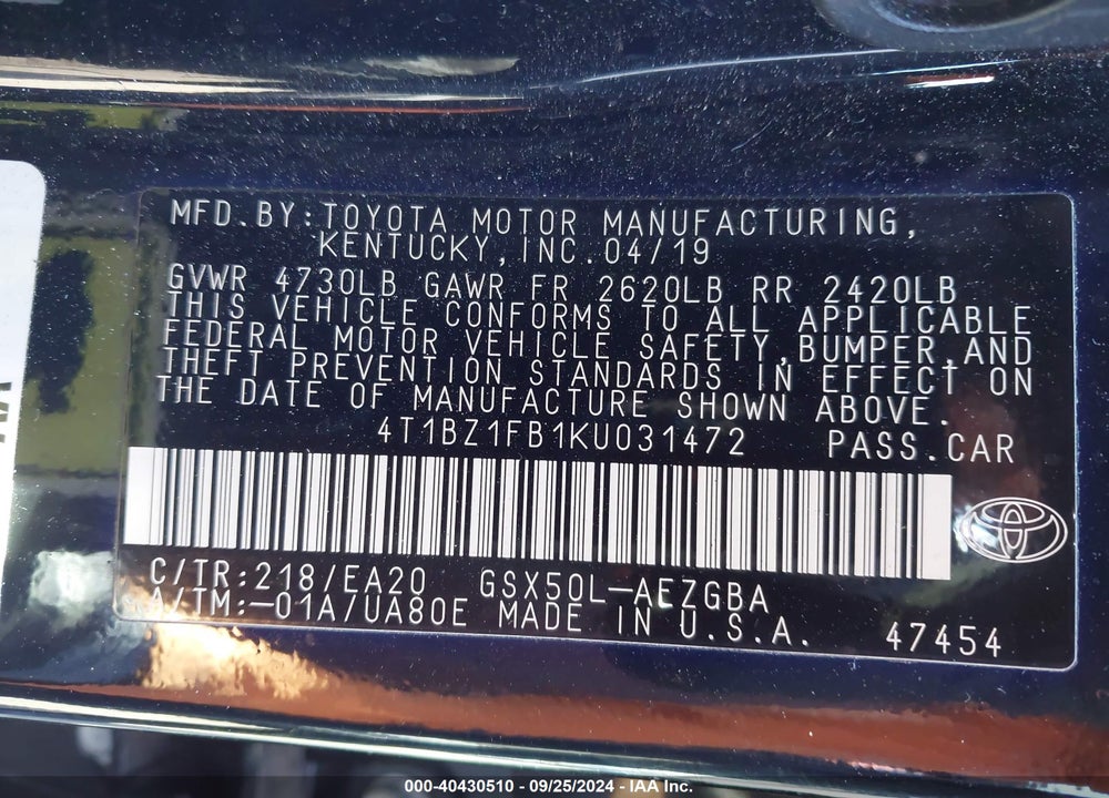 2019 TOYOTA AVALON XLE VIN: 4T1BZ1FB1KU031472