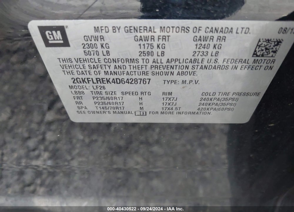 2013 GMC TERRAIN SLE-1 VIN: 2GKFLREK4D6428767