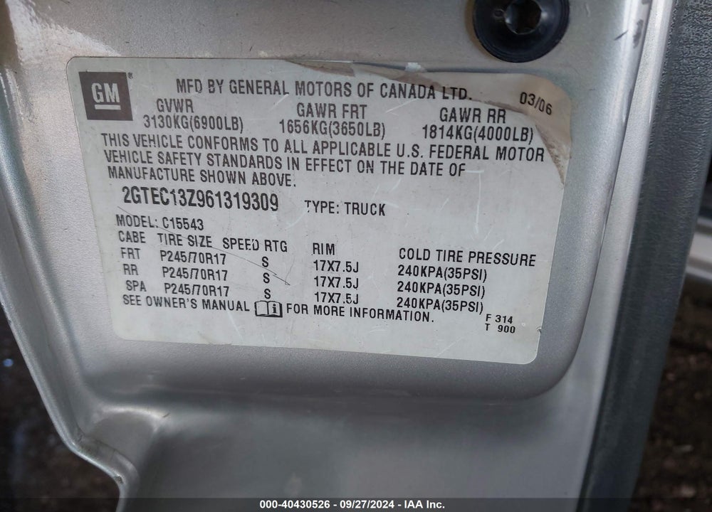 2006 GMC SIERRA 1500 SLE1 VIN: 2GTEC13Z961319309