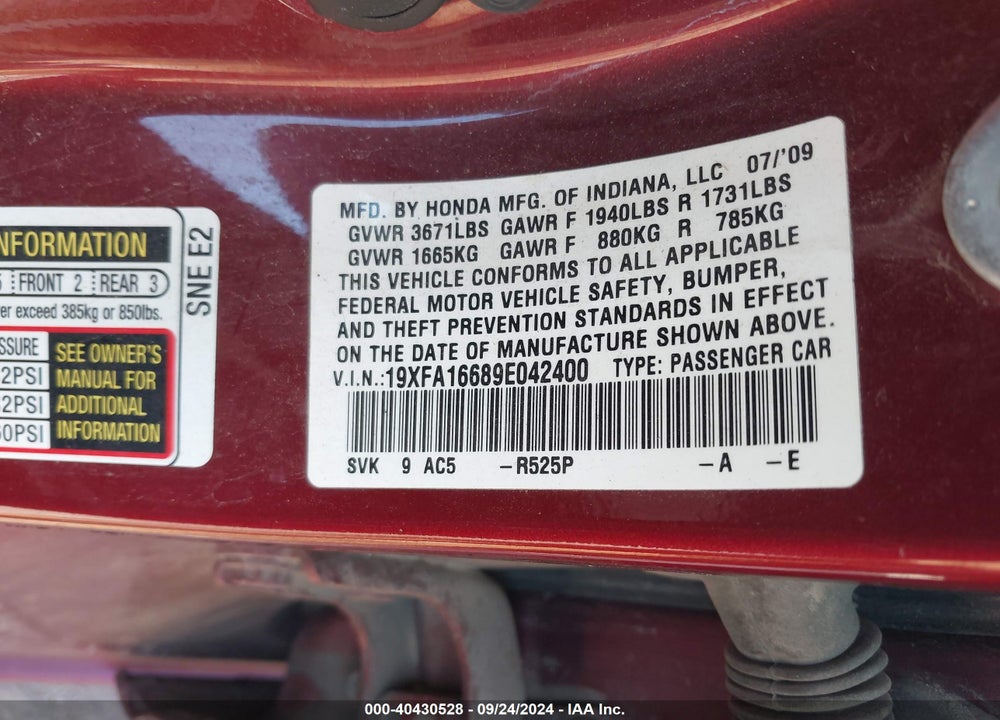 2009 HONDA CIVIC LX-S VIN: 19XFA16689E042400
