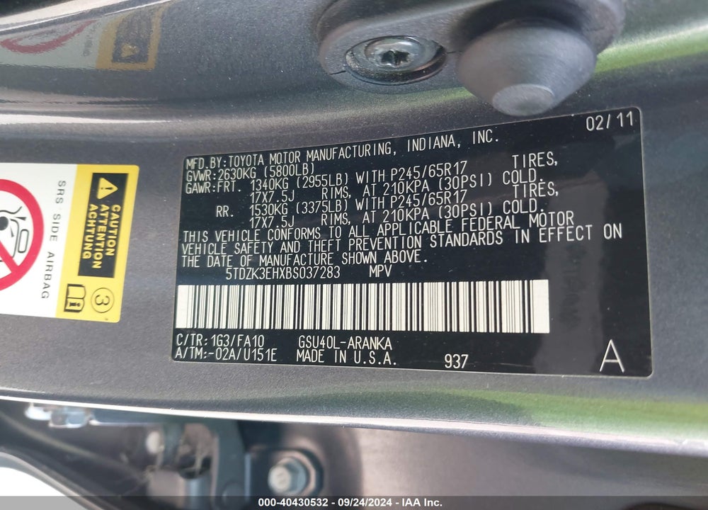 2011 TOYOTA HIGHLANDER BASE V6 VIN: 5TDZK3EHXBS037283