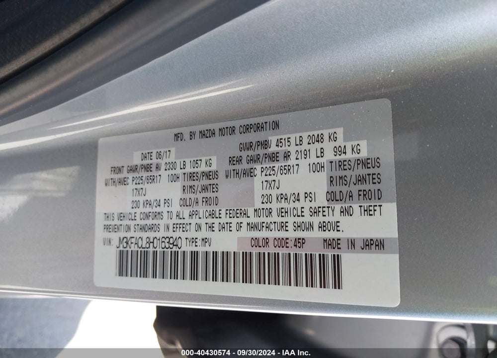 2017 MAZDA CX-5 TOURING VIN: JM3KFACL8H0163940