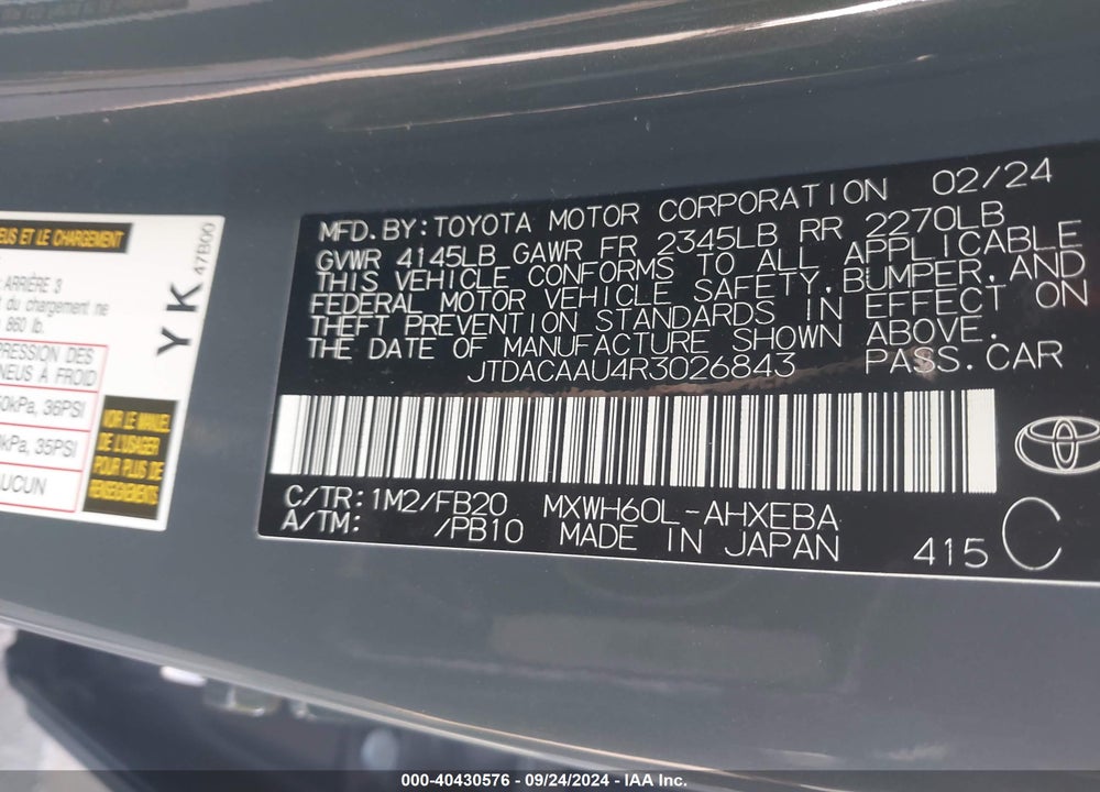 2024 TOYOTA PRIUS LE VIN: JTDACAAU4R3026843