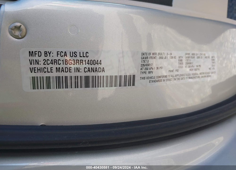 2024 CHRYSLER PACIFICA TOURING L VIN: 2C4RC1BG3RR140044