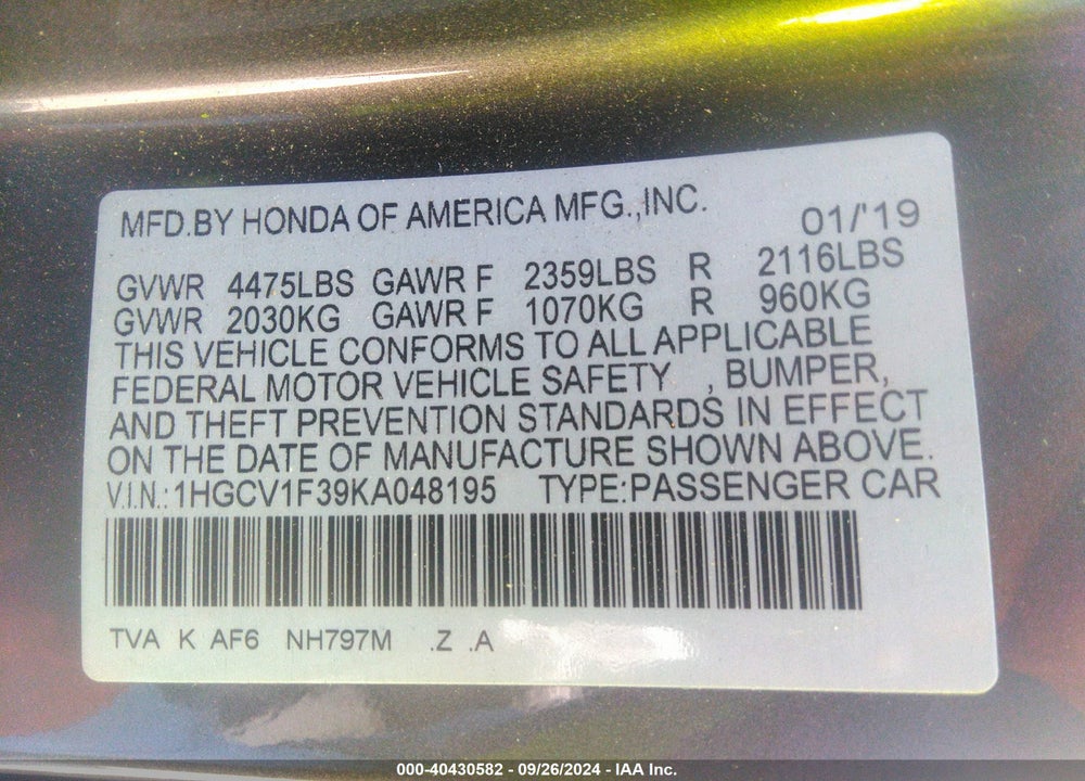 2019 HONDA ACCORD SPORT VIN: 1HGCV1F39KA048195
